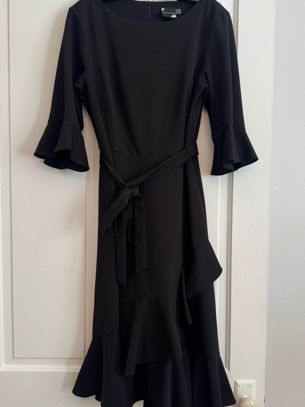 Maison Tara Black Ruffle-Trim Midi Dress with Tie Waist